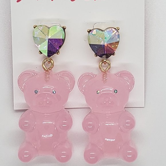 Cute Mini Gummy Bear Earrings & Necklace Set - Resin Bear Charms, Stainless Steel (Pink) - View #10